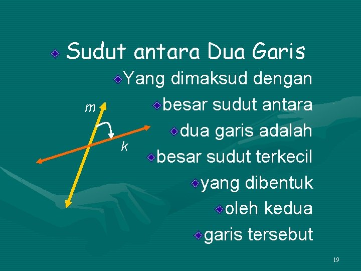 Sudut antara Dua Garis m Yang dimaksud dengan besar sudut antara dua garis adalah