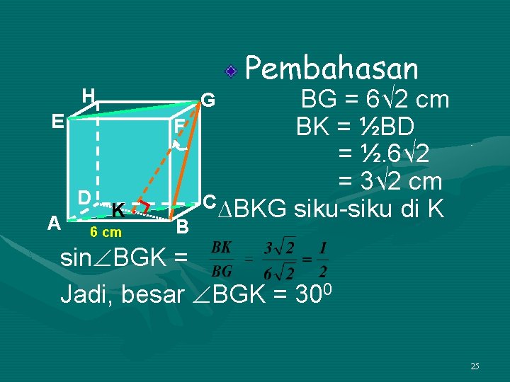 Pembahasan H E F D A BG = 6√ 2 cm BK = ½BD