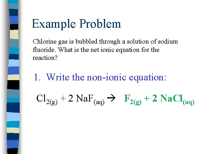 Example Problem Chlorine gas is bubbled through a solution of sodium fluoride. What is