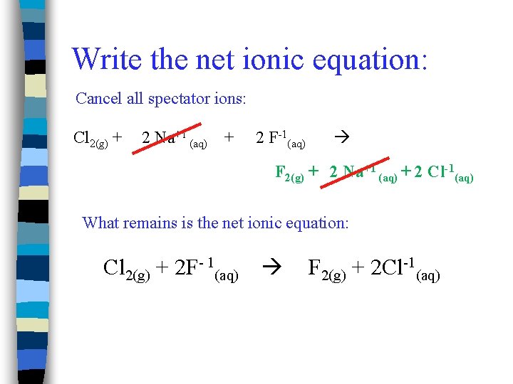 Write the net ionic equation: Cancel all spectator ions: Cl 2(g) + 2 Na+1