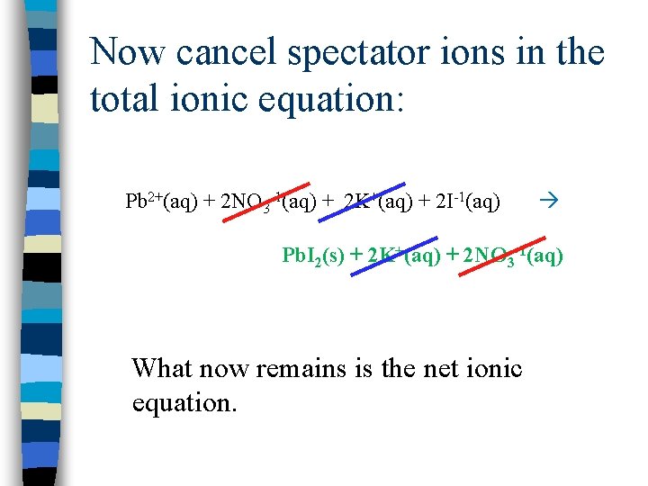 Now cancel spectator ions in the total ionic equation: Pb 2+(aq) + 2 NO