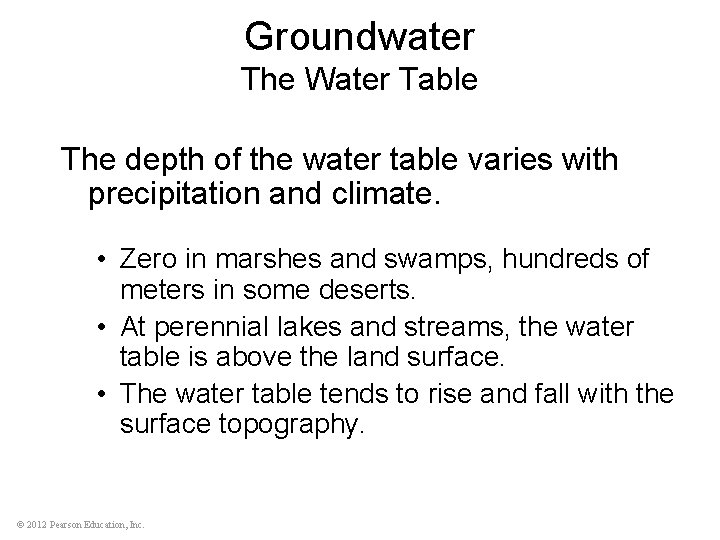 Groundwater The Water Table The depth of the water table varies with precipitation and