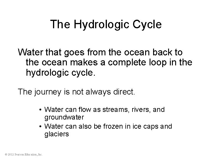 The Hydrologic Cycle Water that goes from the ocean back to the ocean makes