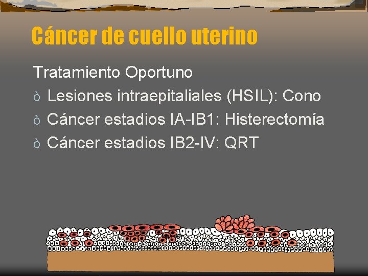 Cáncer de cuello uterino Tratamiento Oportuno ò Lesiones intraepitaliales (HSIL): Cono ò Cáncer estadios