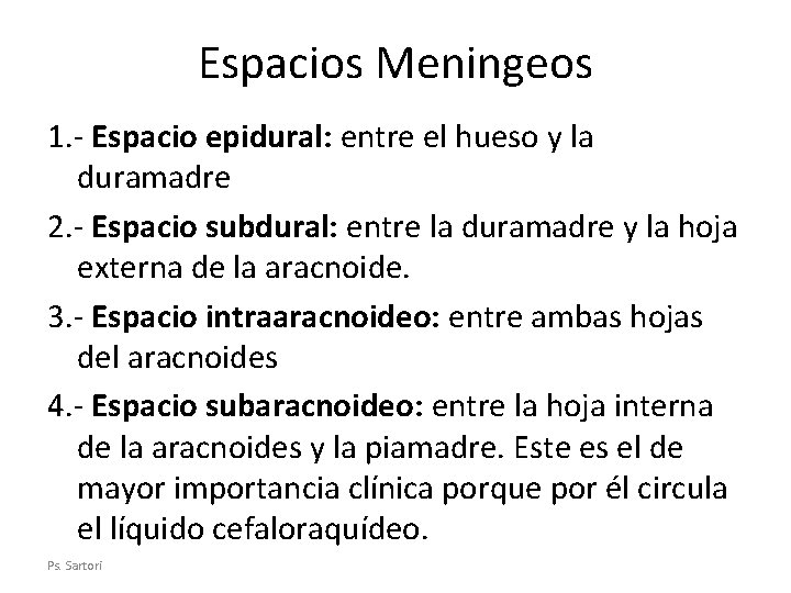 Espacios Meningeos 1. - Espacio epidural: entre el hueso y la duramadre 2. -