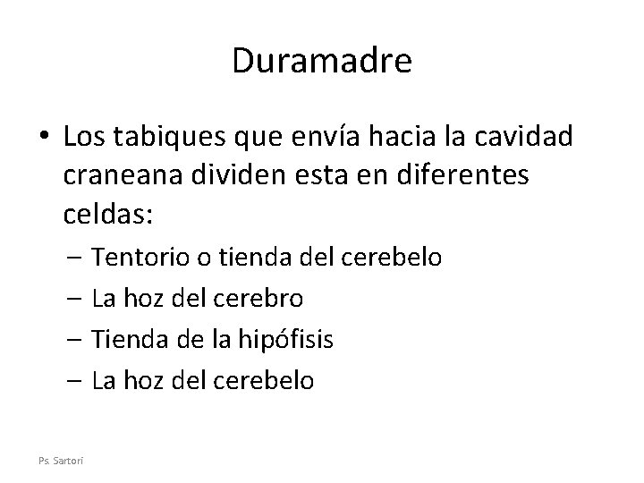 Duramadre • Los tabiques que envía hacia la cavidad craneana dividen esta en diferentes