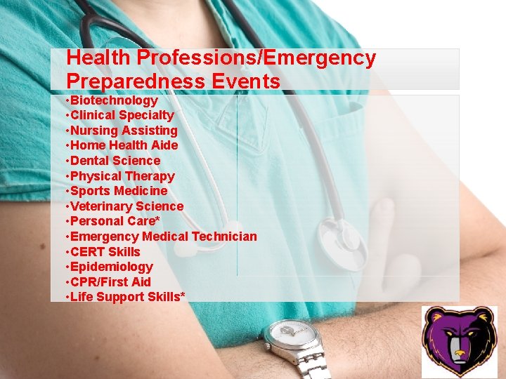 Health Professions/Emergency Preparedness Events • Biotechnology • Clinical Specialty • Nursing Assisting • Home