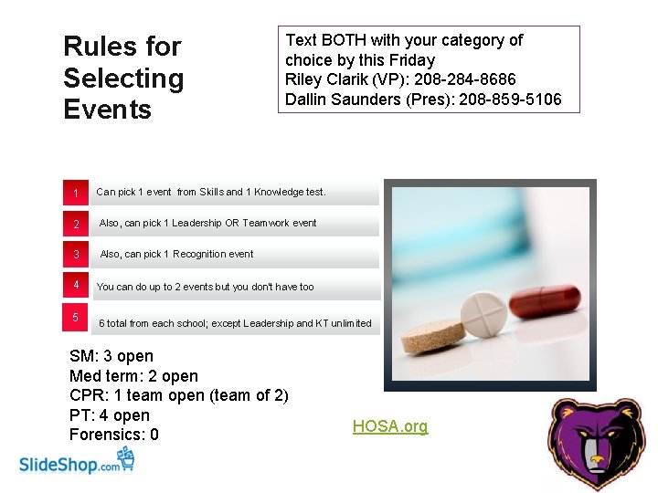 Rules for Selecting Events Text BOTH with your category of choice by this Friday