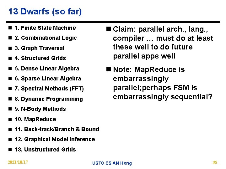 13 Dwarfs (so far) n 1. Finite State Machine n Claim: parallel arch. ,