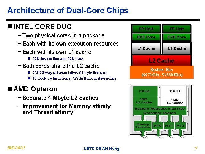 Architecture of Dual-Core Chips n INTEL CORE DUO − Two physical cores in a