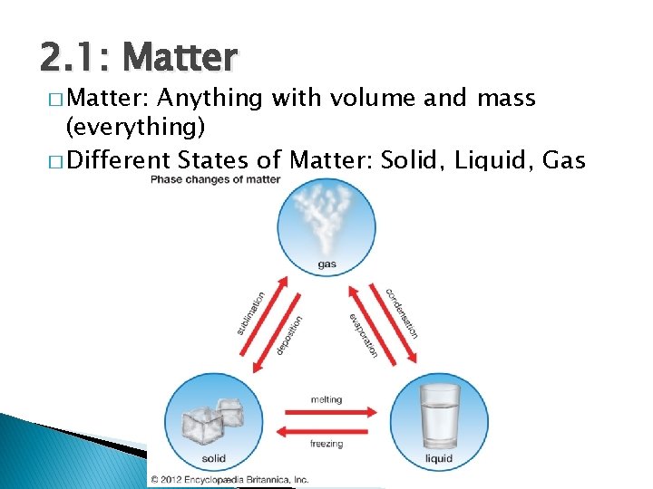 2. 1: Matter � Matter: Anything with volume and mass (everything) � Different States