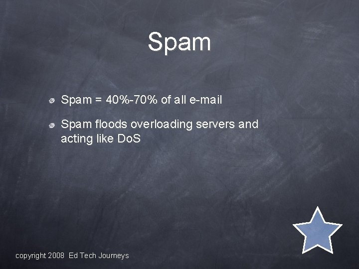 Spam = 40%-70% of all e-mail Spam floods overloading servers and acting like Do.