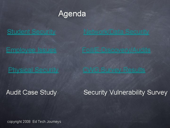 Agenda Student Security Network/Data Security Employee Issues Foil/E-Discovery/Audits Physical Security Audit Case Study copyright
