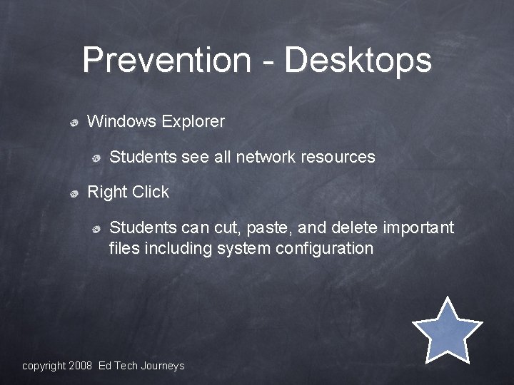 Prevention - Desktops Windows Explorer Students see all network resources Right Click Students can