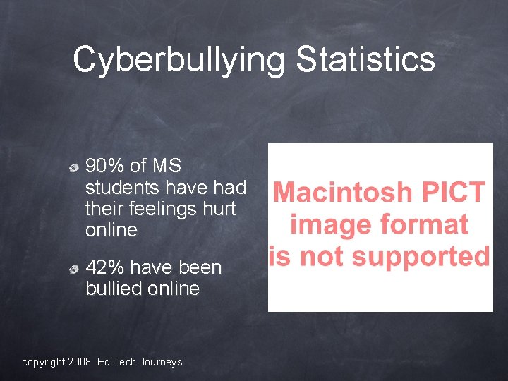 Cyberbullying Statistics 90% of MS students have had their feelings hurt online 42% have