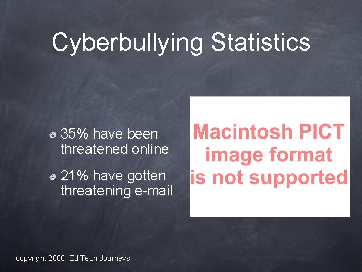 Cyberbullying Statistics 35% have been threatened online 21% have gotten threatening e-mail copyright 2008