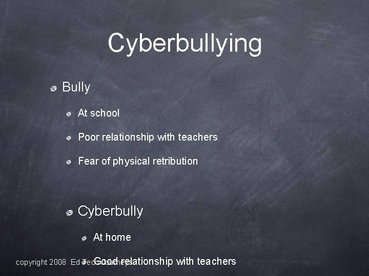 Cyberbullying Bully At school Poor relationship with teachers Fear of physical retribution Cyberbully At