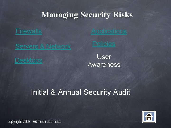 Managing Security Risks Firewalls Applications Servers & Network Policies Desktops User Awareness Initial &