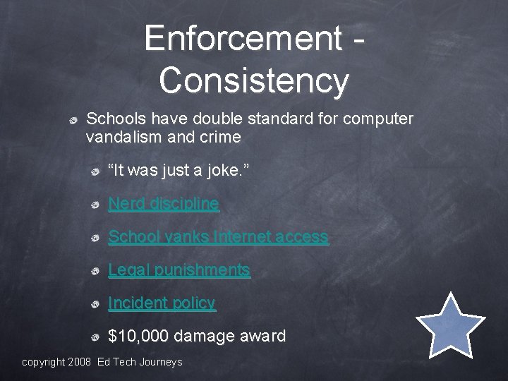 Enforcement Consistency Schools have double standard for computer vandalism and crime “It was just