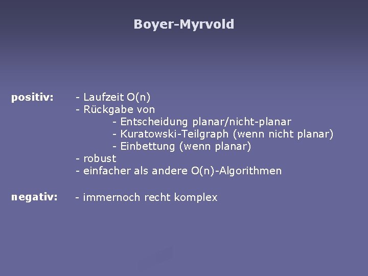 Boyer-Myrvold positiv: - Laufzeit O(n) - Rückgabe von - Entscheidung planar/nicht-planar - Kuratowski-Teilgraph (wenn