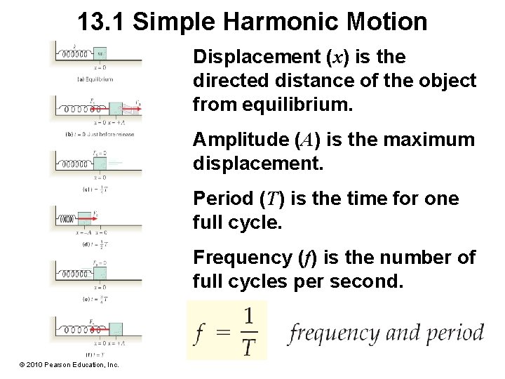 13. 1 Simple Harmonic Motion Displacement (x) is the directed distance of the object 13. 1 Simple Harmonic Motion Displacement (x) is the directed distance of the object