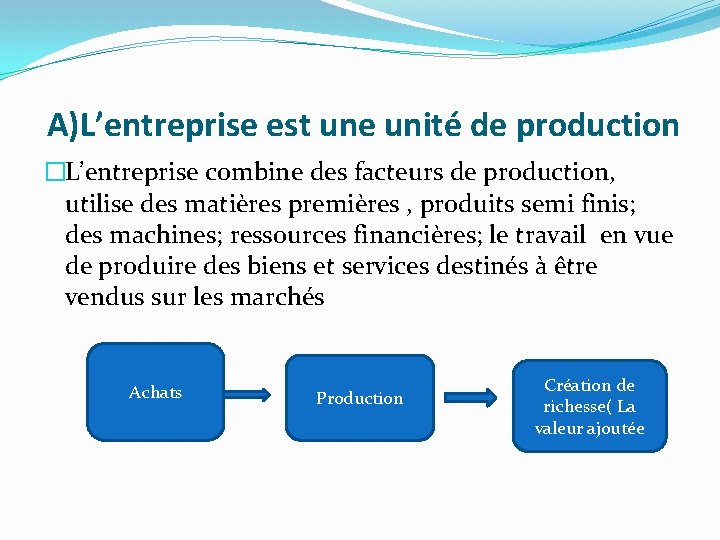 A)L’entreprise est une unité de production �L’entreprise combine des facteurs de production, utilise des