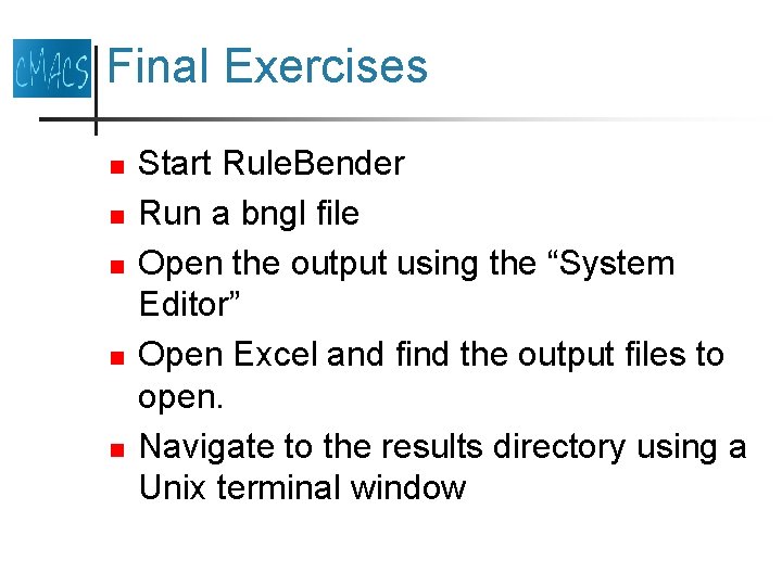 Final Exercises n n n Start Rule. Bender Run a bngl file Open the Final Exercises n n n Start Rule. Bender Run a bngl file Open the