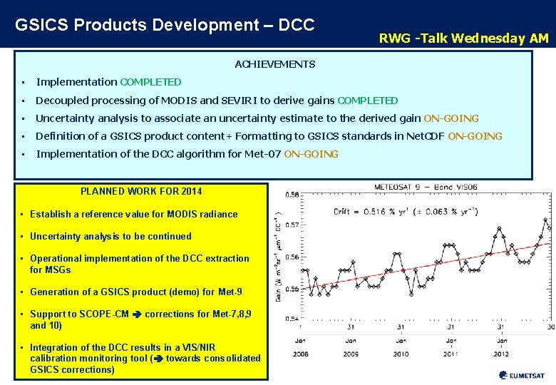 GSICS Products Development – DCC RWG -Talk Wednesday AM ACHIEVEMENTS • Implementation COMPLETED •