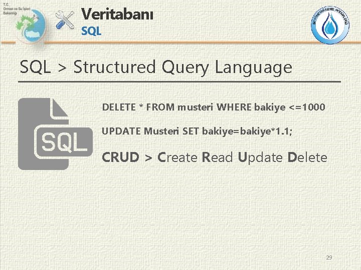Veritabanı SQL > Structured Query Language DELETE * FROM musteri WHERE bakiye <=1000 UPDATE