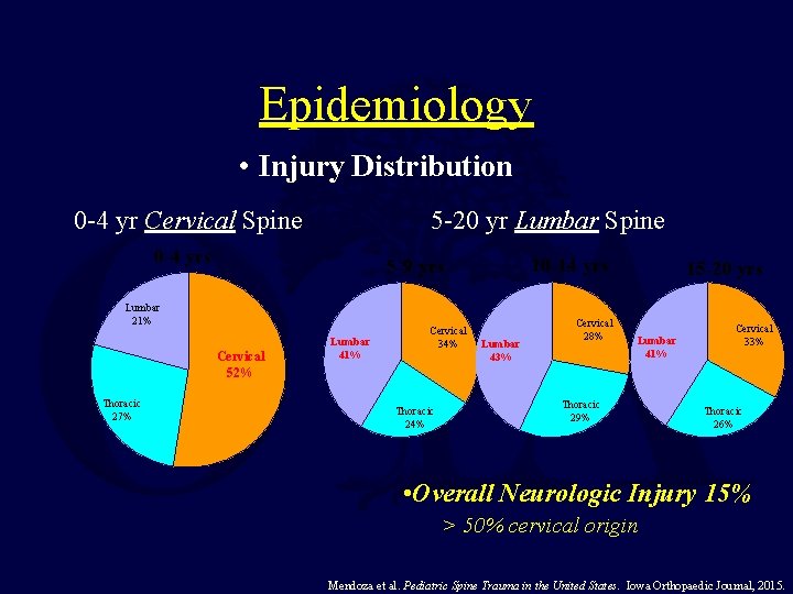 Epidemiology • Injury Distribution 0 -4 yr Cervical Spine 5 -20 yr Lumbar Spine