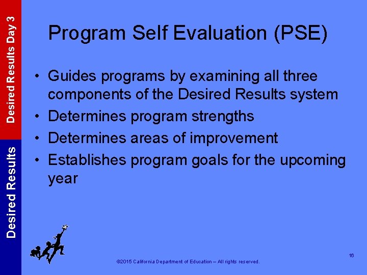 Desired Results Day 3 Desired Results Program Self Evaluation (PSE) • Guides programs by