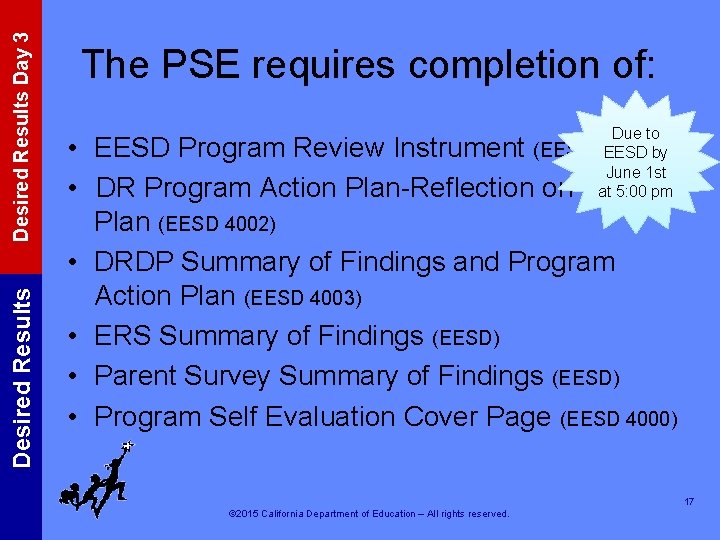 Desired Results Day 3 Desired Results The PSE requires completion of: Due to (EESD
