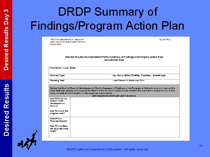 Desired Results Day 3 Desired Results DRDP Summary of Findings/Program Action Plan 31 ©