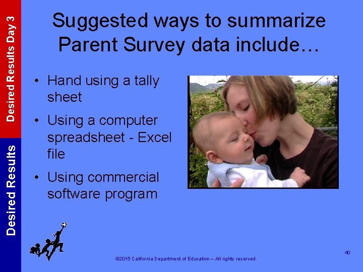 Desired Results Day 3 Desired Results Suggested ways to summarize Parent Survey data include…