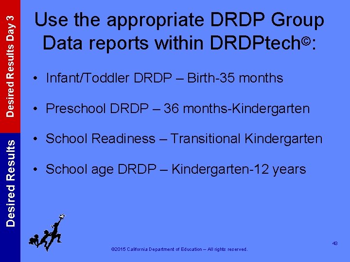 Desired Results Day 3 Desired Results Use the appropriate DRDP Group Data reports within