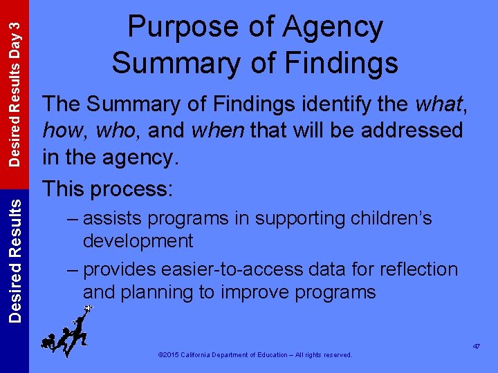 Desired Results Day 3 Desired Results Purpose of Agency Summary of Findings The Summary