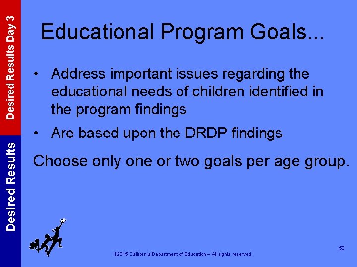 Desired Results Day 3 Educational Program Goals. . . • Address important issues regarding