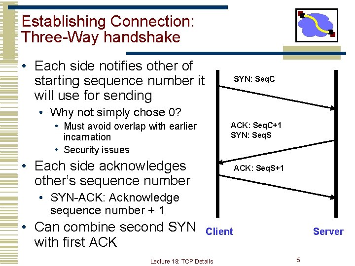 Establishing Connection: Three-Way handshake • Each side notifies other of starting sequence number it