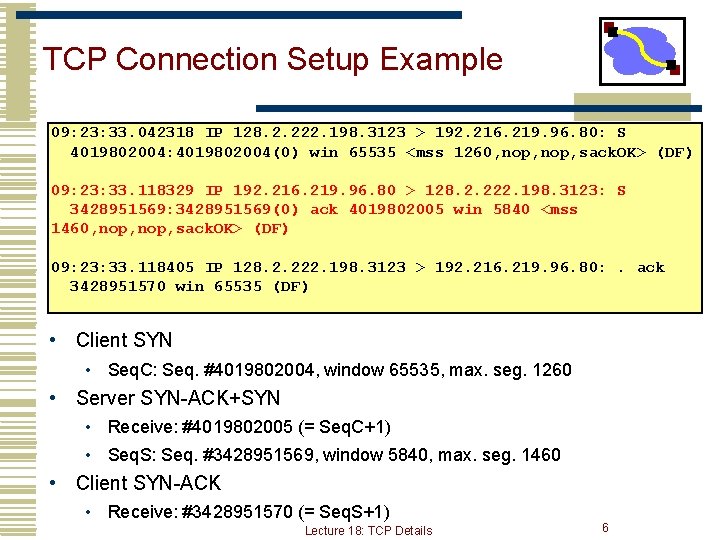 TCP Connection Setup Example 09: 23: 33. 042318 IP 128. 2. 222. 198. 3123