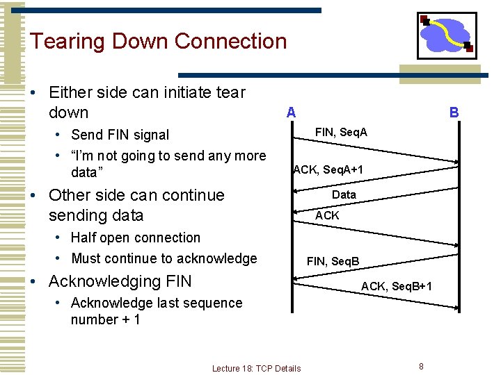 Tearing Down Connection • Either side can initiate tear down • Send FIN signal