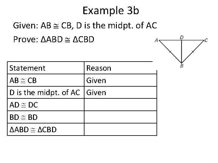 Example 3 b Given: AB CB, D is the midpt. of AC Prove: ΔABD