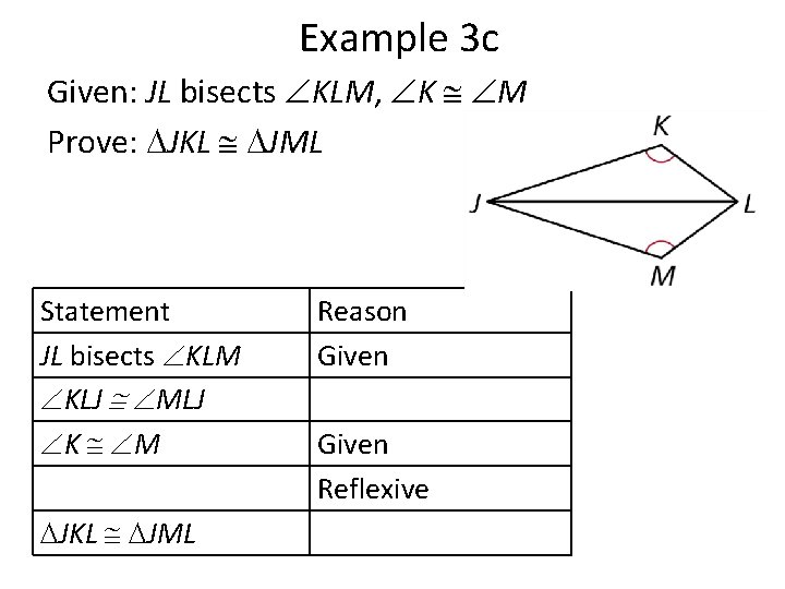 Example 3 c Given: JL bisects KLM, K M Prove: JKL JML Statement JL