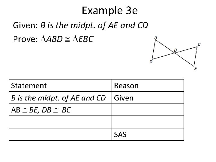 Example 3 e Given: B is the midpt. of AE and CD Prove: ABD