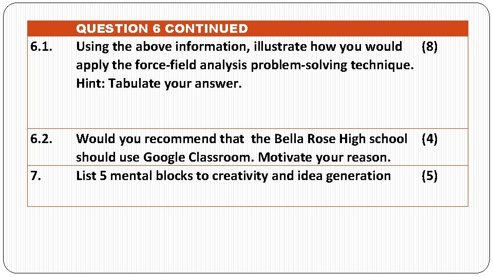 QUESTION 6 CONTINUED 6. 1. Using the above information, illustrate how you would (8)