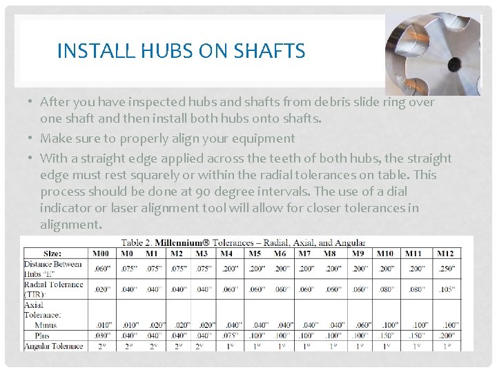 INSTALL HUBS ON SHAFTS • After you have inspected hubs and shafts from debris