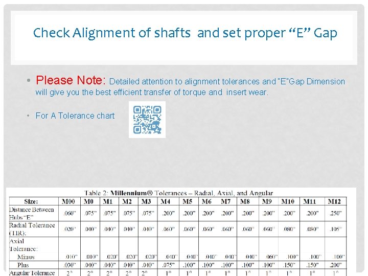 Check Alignment of shafts and set proper “E” Gap • Please Note: Detailed attention