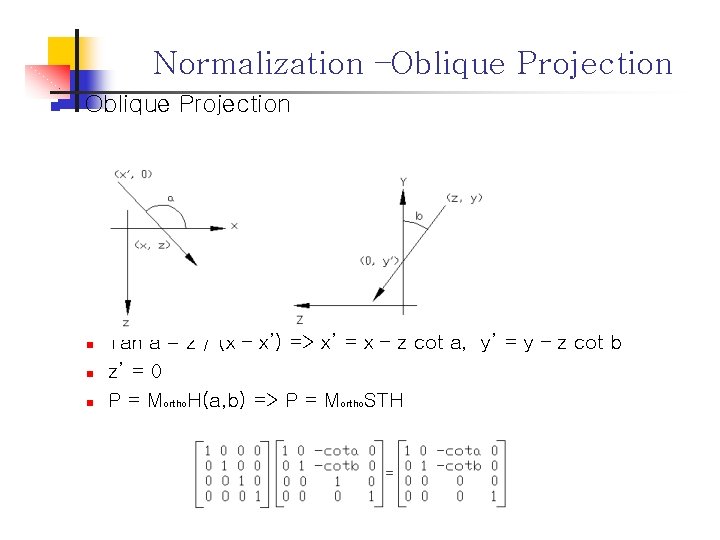 Normalization –Oblique Projection n n n Tan a = z / (x – x’)