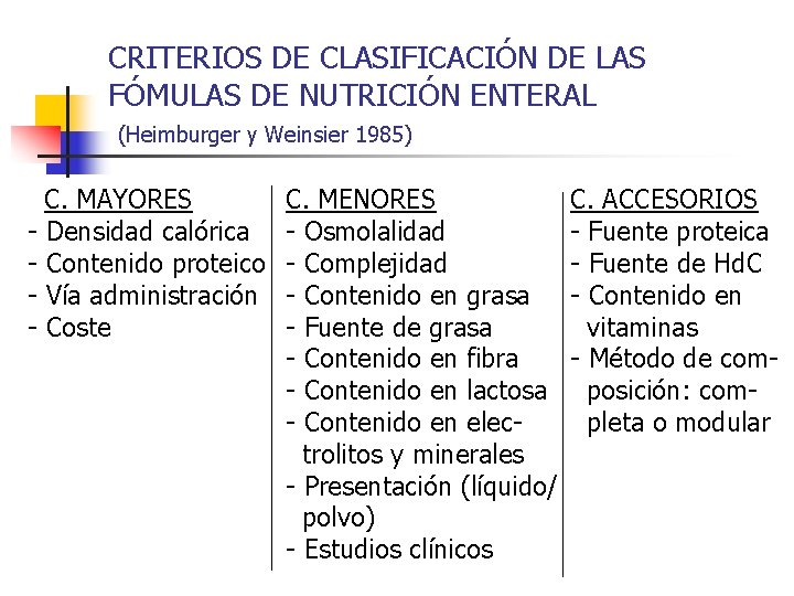CRITERIOS DE CLASIFICACIÓN DE LAS FÓMULAS DE NUTRICIÓN ENTERAL (Heimburger y Weinsier 1985) C.
