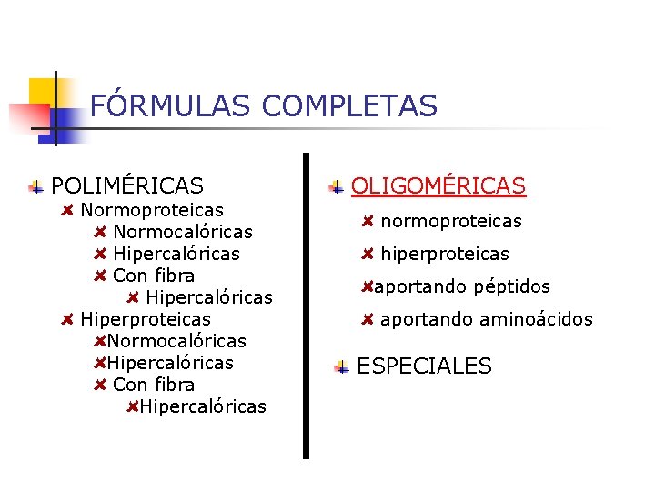 FÓRMULAS COMPLETAS POLIMÉRICAS Normoproteicas Normocalóricas Hipercalóricas Con fibra Hipercalóricas Hiperproteicas Normocalóricas Hipercalóricas Con fibra
