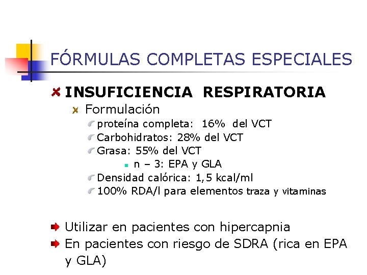 FÓRMULAS COMPLETAS ESPECIALES INSUFICIENCIA RESPIRATORIA Formulación proteína completa: 16% del VCT Carbohidratos: 28% del